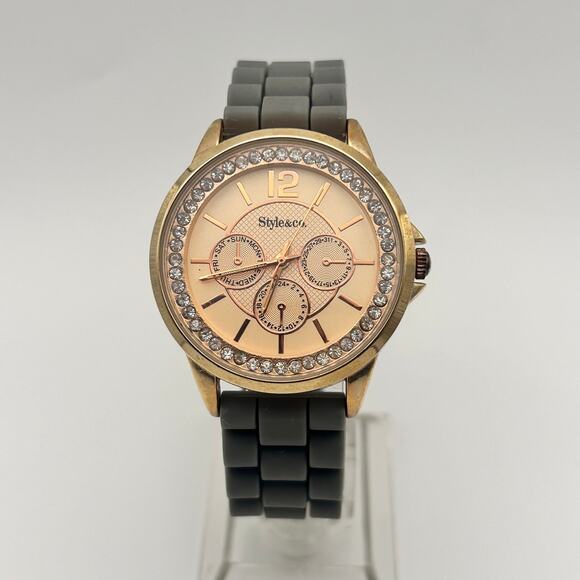 Style&Co Accessories - Style & Co Rose Gold Crystals  Gray Silicon Band 37mm Women’s Watch Working